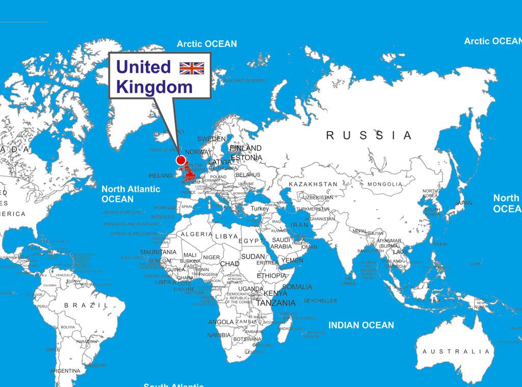 United Kingdom (UK) on world map: surrounding countries and location on Europe map