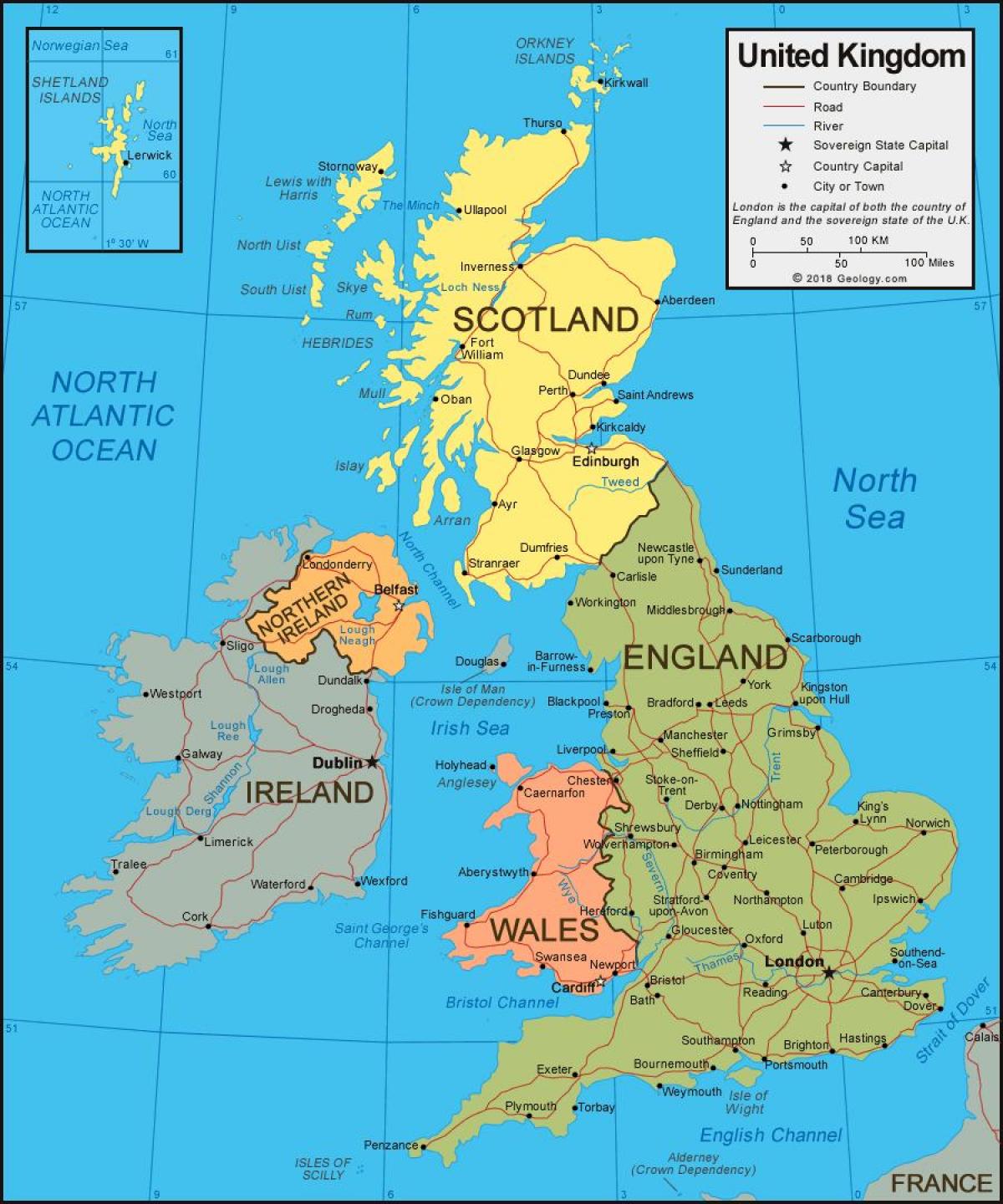 United Kingdom (UK) on a map